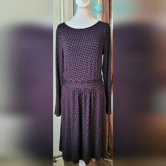 Boden Abigail Jersey Midi Dress Womens 8 Purple Black Leaf Print Long Sleeve - Picture 1 of 12